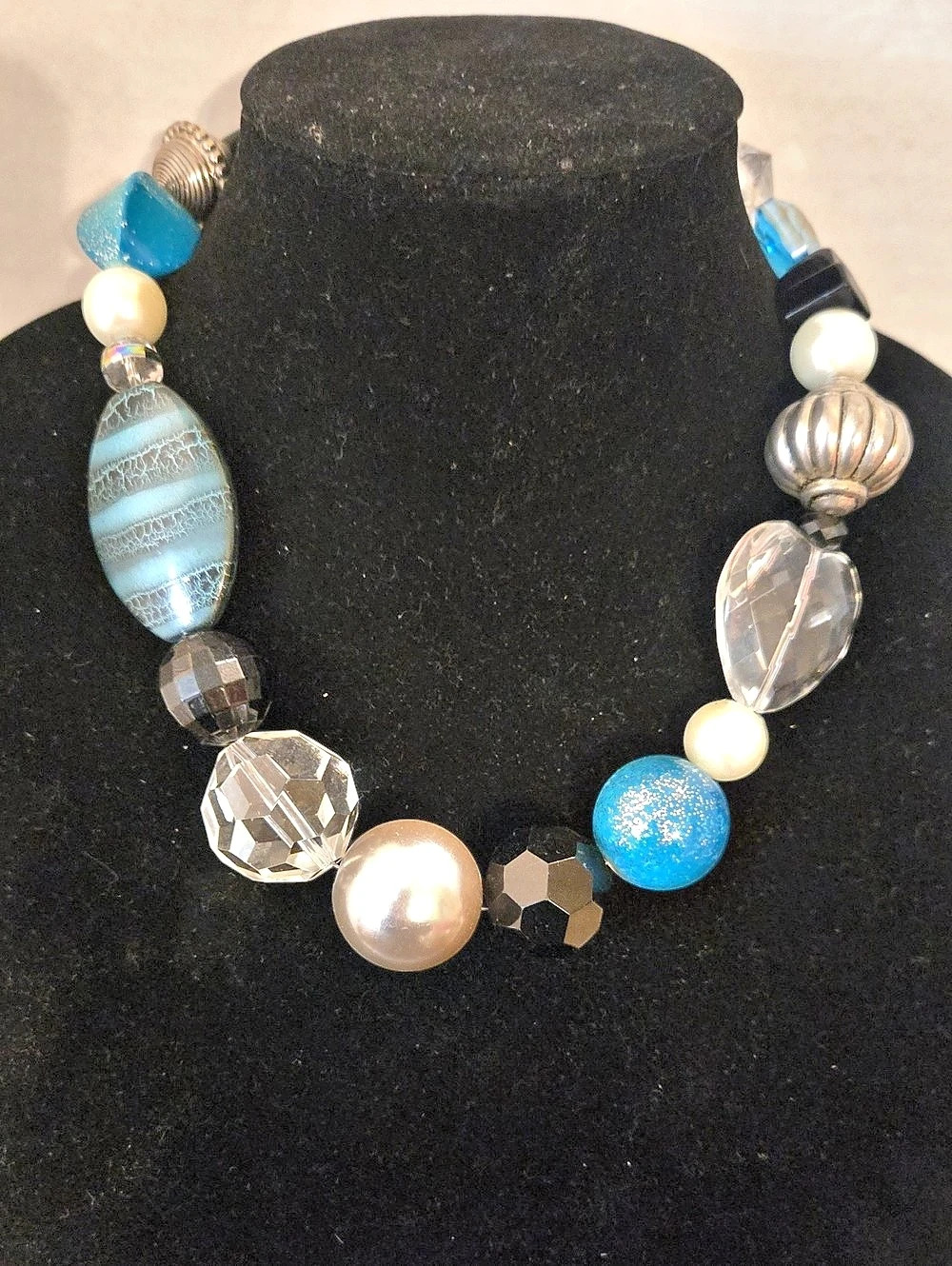 Beaded Statement Necklace in Blue & Black Like New
